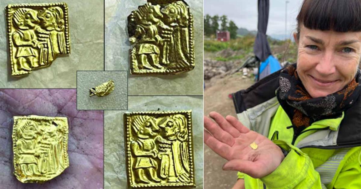 5 gold foil pieces found in the dig in Norway. Right; Kathrine Stene, the archaeologist and project leader, proudly displays one of the five newly unearthed gold foil pieces.  Source: Nicolai Eckhoff/Facebook
