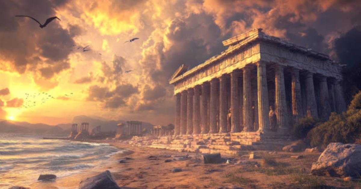 Representation of a Greek beach, ruins, with ominous sky. 