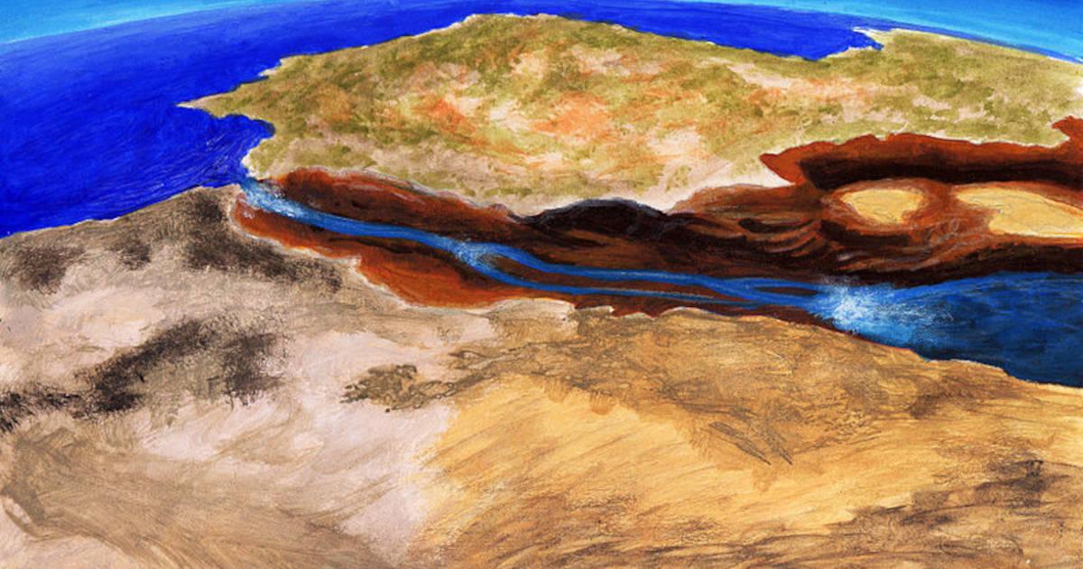 Artistic interpretation of the flooding of the Mediterranean through the Gibraltar Strait; 5.3 million years ago. 