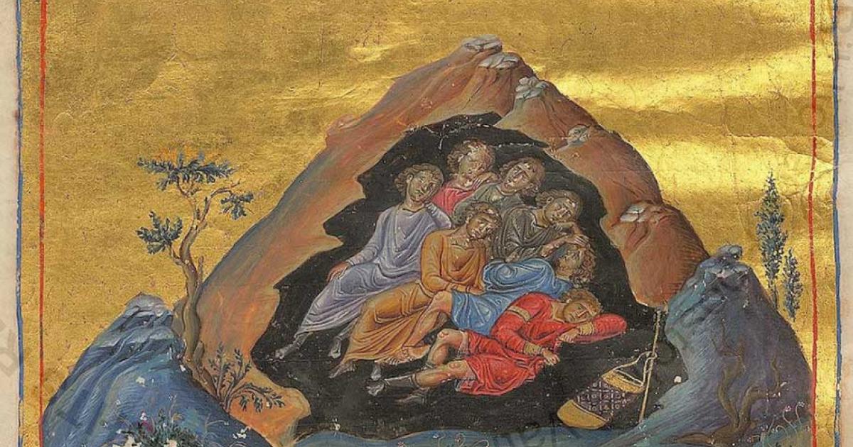 The grotto of the seven sleepers from the Menologion of Basil II. Source: Public domain