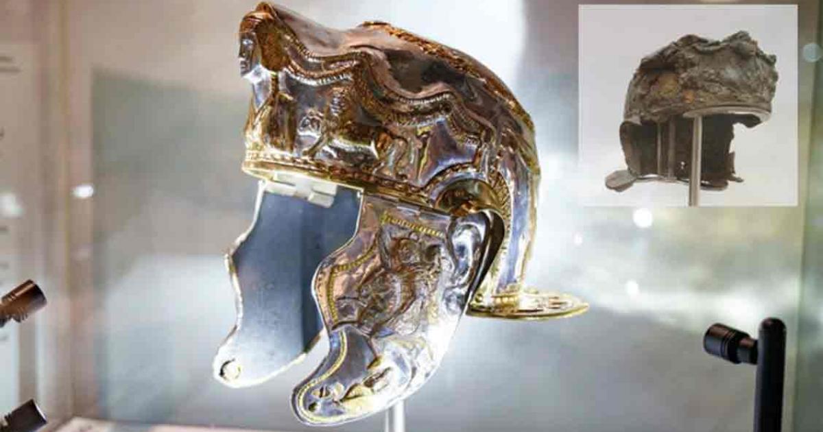 Replica of the Hallaton Helmet. The original is set to be displayed at the Harborough Museum in Leicestershire, UK.	(Inset; the original helmet) Source: Harborough Museum (Inset; CC BY 2.0)
