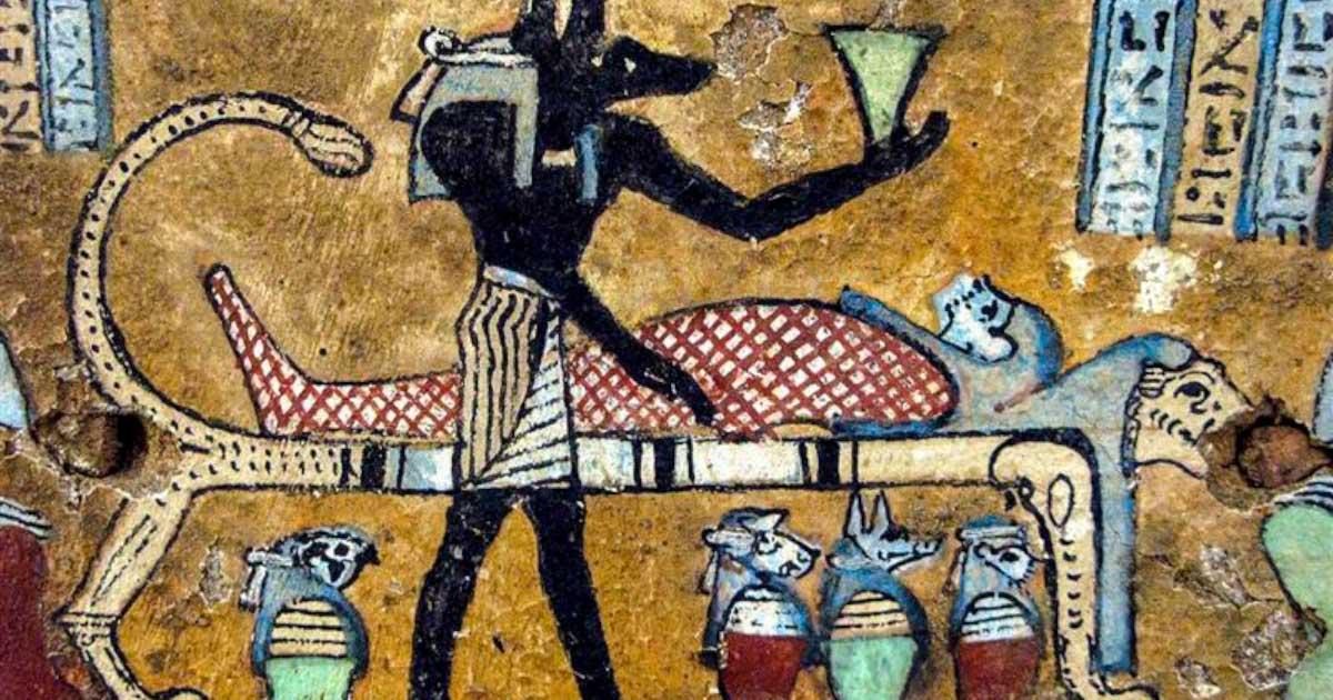 Depiction of Anubis supervising mummification from a sarcophagus painting dating back to 400 BC. Source: André / CC BY-SA 2.0