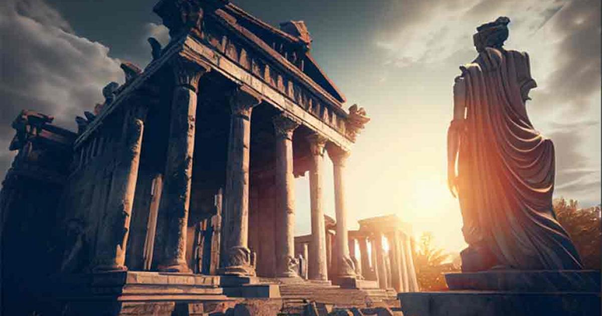 AI image of ancient Greek civilization, a Greek temple ruins with a female goddess statue.