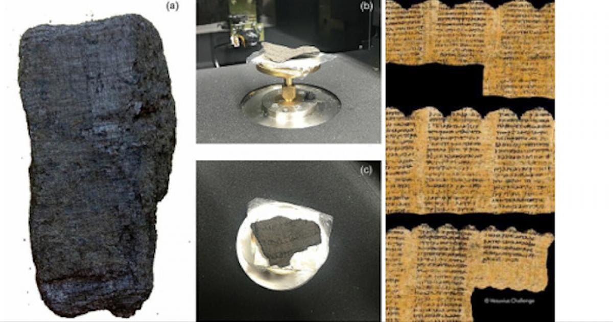 Left; Photos of the papyrus fragments, Right; Text from the Herculaneum scroll.