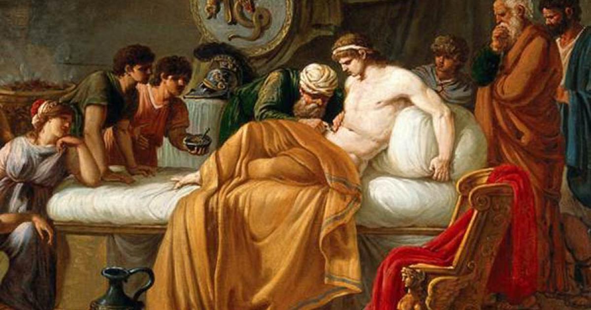 Detail from Alcibiades Wounded. Source: Jean-Charles Nicaise Perrin / Public Domain.