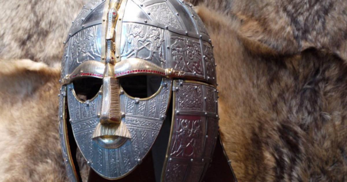 A reproduction of the Sutton Hoo Helmet rebuilt from the fragments found in mound 1 in 1949.