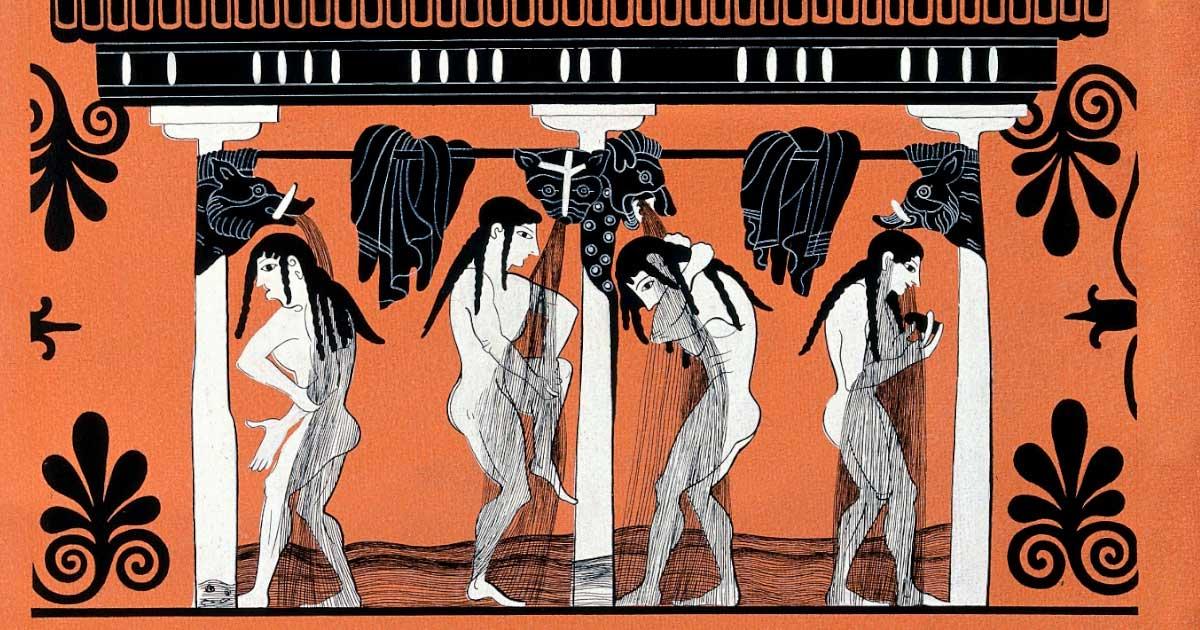 Hygiene has evolved over the years, but we’ve been taking showers for centuries. Women bathing in a public gymnasium; Gouache painting based on an ancient Greek vase. Source: Wellcome Collection / Public Domain