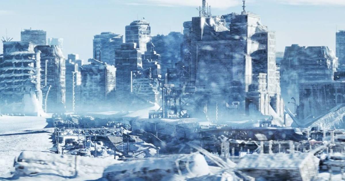 Image of a city of the future covered by a layer of ice during the next ice age.