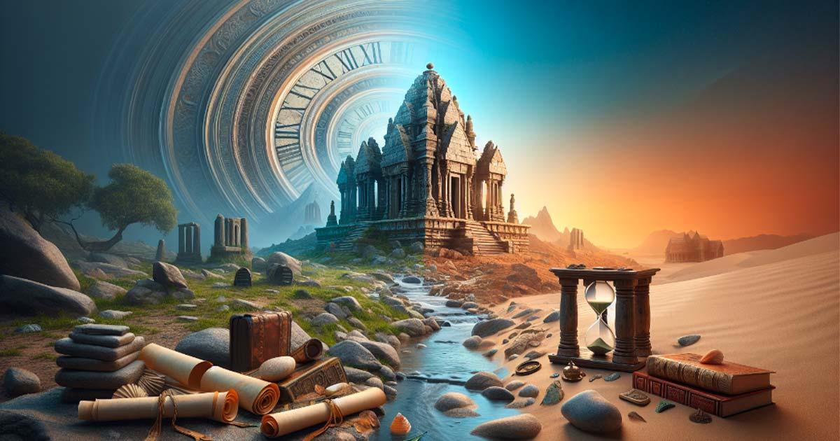 AI generated composite of time, scrolls and ancient ruins.	Source: Bazoom