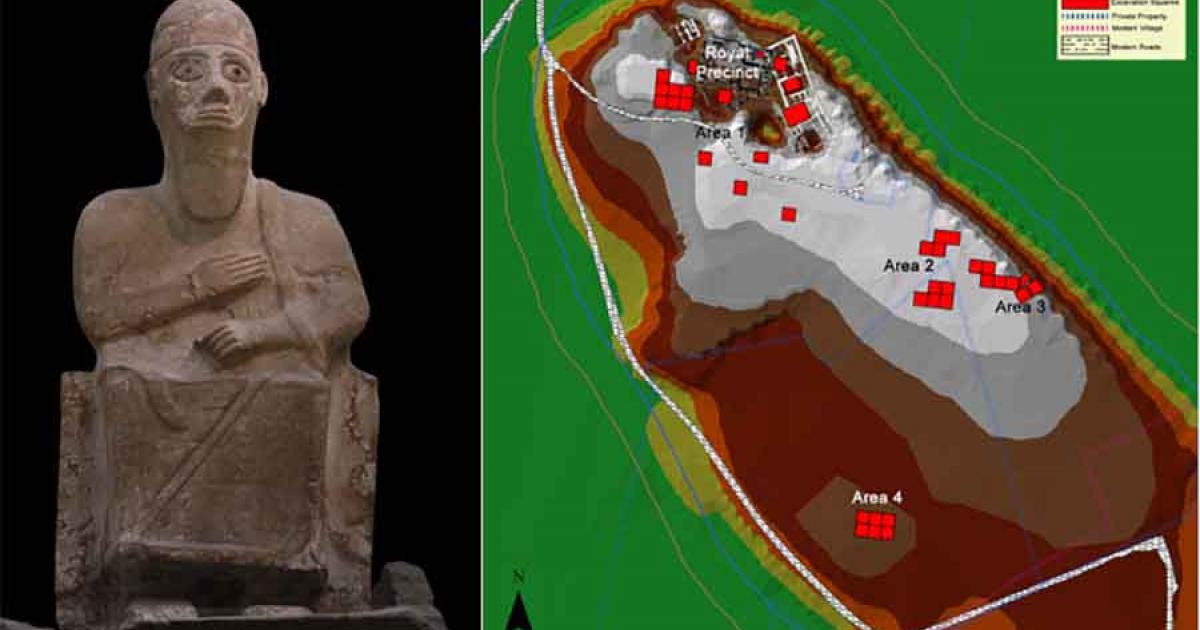 Left; The Statue of Idrimi found at Tell. Right; Map of Tell Atchana with excavation squares indicated (data courtesy of Alalakh Excavations Archive.) 	Source: Left; British Museum, CC BY-SA 2.0 FR Right; PLOS ONE