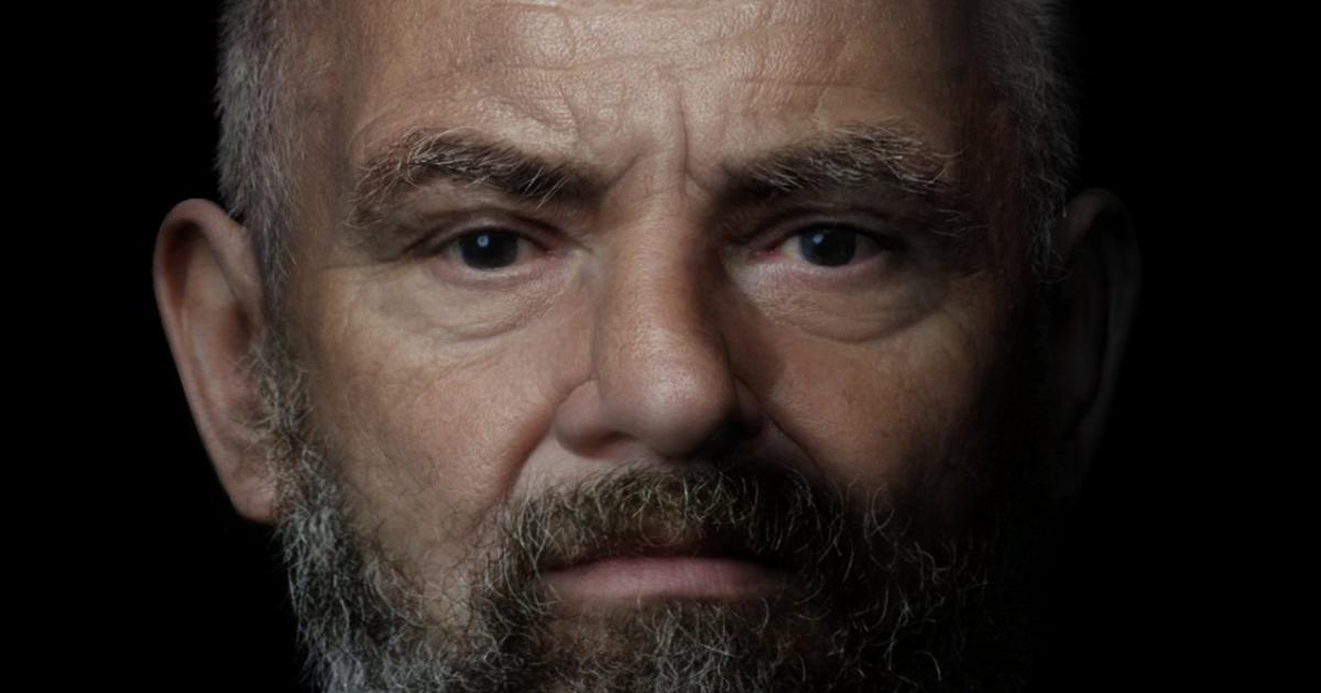 Digital reconstruction of a middle-aged man with close-cropped graying hair and a graying beard