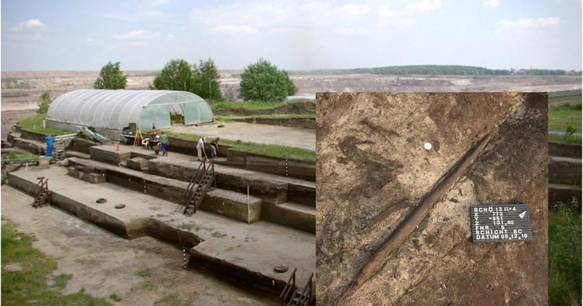 Main: View over the excavations in Schöningen in Germany. Inset: The ‘killing stick’ that was unearthed at the excavation site.           Source: Eberhard Karls Universität Tübingen