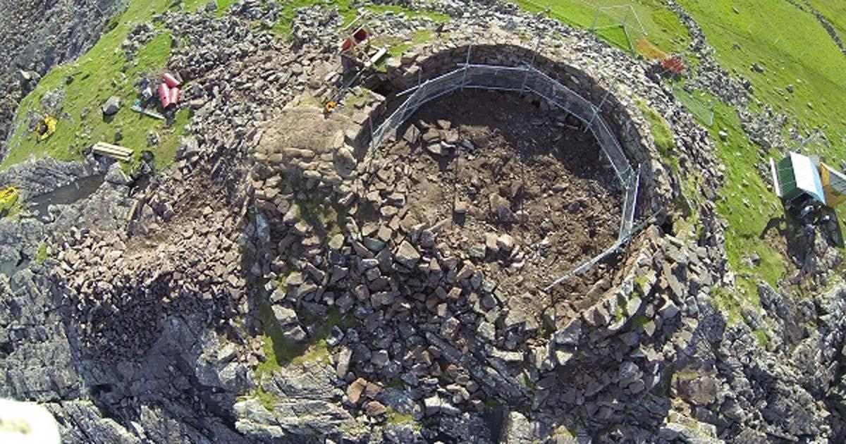 Aerial view of the Iron Age roundhouse at Clachtoll broch in Assynt, Scotland. 