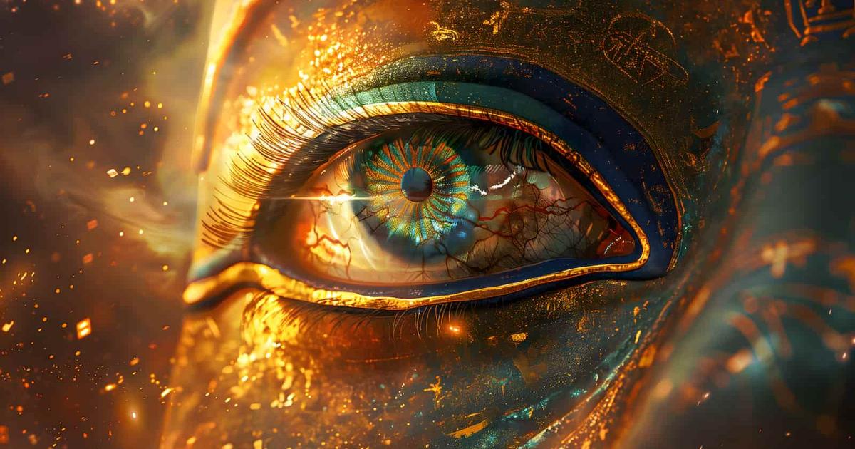 Close-up of a golden Egyptian eye featuring a glowing cosmic iris and shimmering sparks.