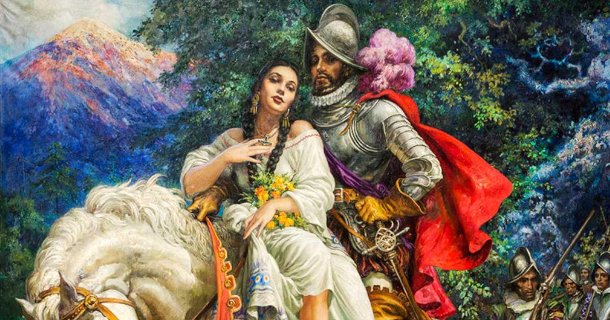 In this 1941 painting by Mexican artist Jesús de la Helguera, la Malinche is portrayed as a sultry character with European features, nestled in the arms of Hernán Cortés. Source: Joseaqc / CC BY-SA 4.0