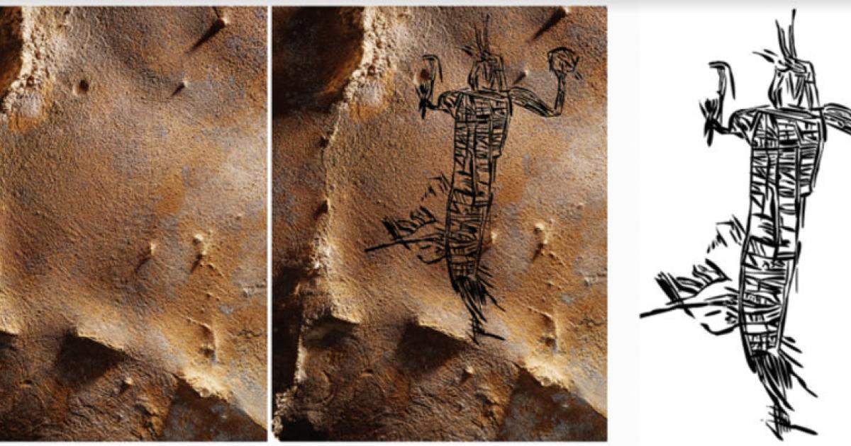 Anthropomorph in regalia (1.81 meters or 5.9 feet high) from 19th Unnamed Cave, which is now the largest Native American cave art site in southeastern North America.		Source: Photograph by S. Alvarez; illustration by J. Simek / Antiquity Publications Ltd.