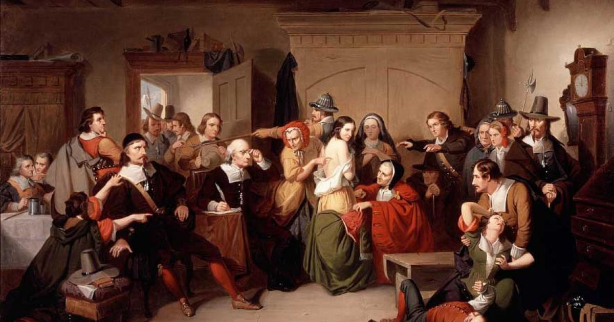 Examination of a Witch (1853) by T. H. Matteson, inspired by the Salem trials, which have been finally “closed” by the exoneration of the last Salem witch, Elizabeth Johnson. Source: Peabody Essex Museum / Public domain