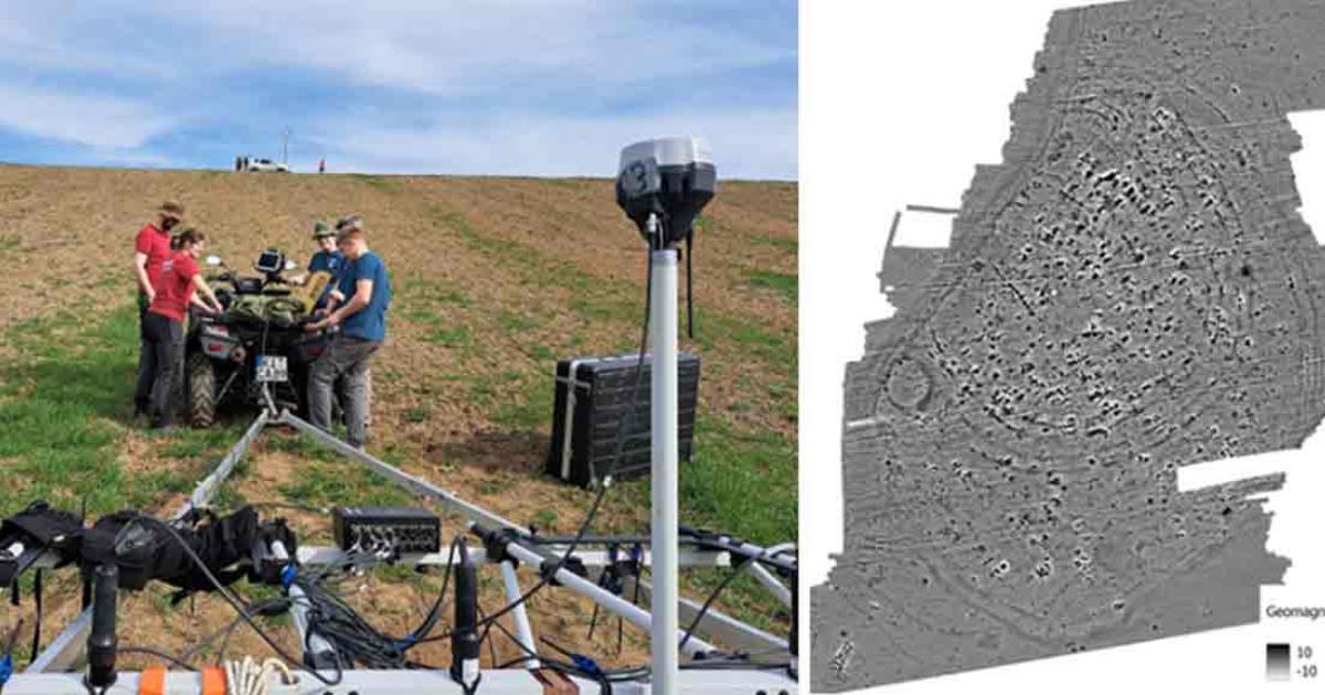 Left, Preparation of a geophysical survey during the field campaign in March 2024. Right; Geophysical survey of the previously unknown site of Jarkovac (Serbia). Source: Left; © Sebastian Schultrich/Cluster ROOTS Right; © Cluster ROOTS/Museum of Vojvodina Novi Sad/National Museum Zrenjanin/National Museum Pančevo