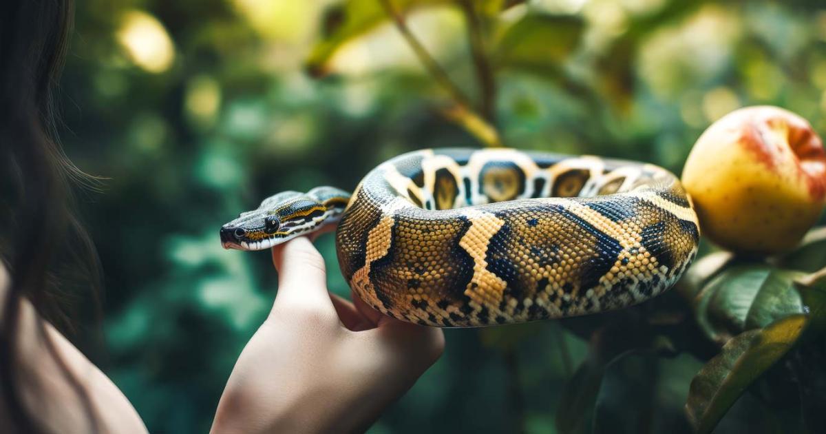 Eve tempted by the serpent in a paradise illustrated according to the texts of the Bible. An image showing good and evil in one scene.