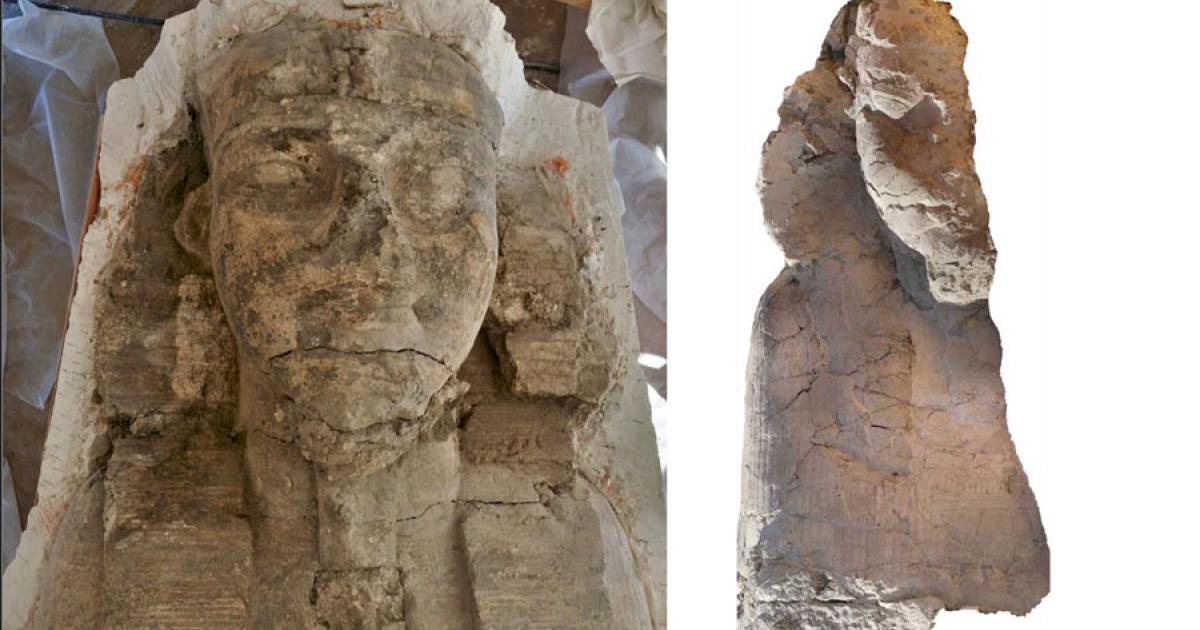 Fragments of a colossal pair of limestone statues depicting Pharaoh Amenhotep III as a sphinx have been found at an ancient Egyptian temple in Luxor. Source: Ministry of Tourism and Antiquities