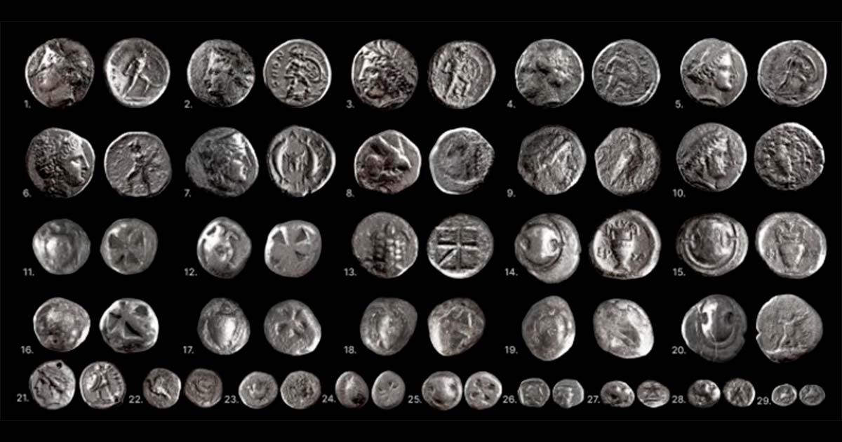 A selection of 29 rare Greek coins recently unearthed at ancient Tenea, Corinth, Greece.	Source: Greek Ministry of Culture