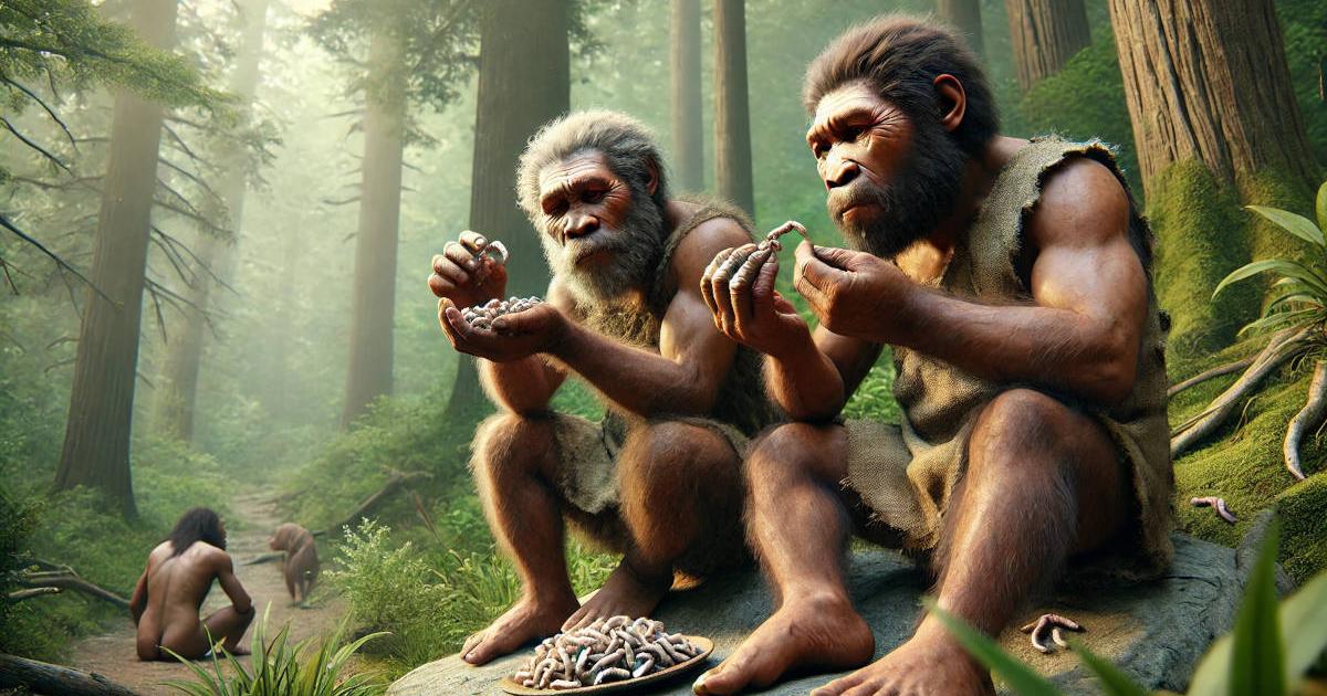 AI-generated image of two Neanderthals chowing down on delicious maggots