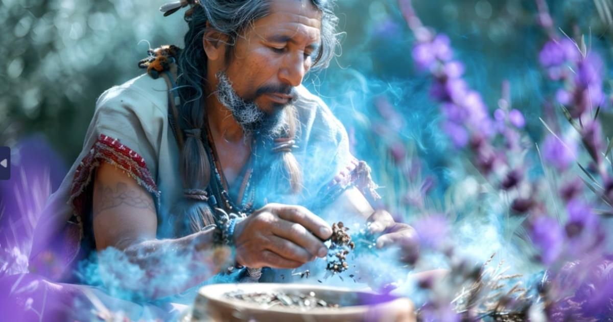 AI image of male shaman using herbal medicine for spiritual healing and sacred rituals.