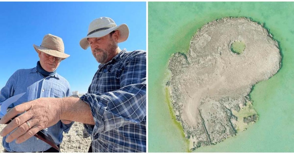 Professor Robert Carter (right side of left image), leader of the British team that determined that Bahrain’s Al Sayah Island (right image) is an ancient artificial man-made island.                 Source: Arkeonews