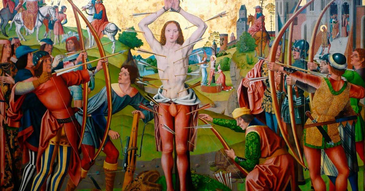 There are many Christian martyrs, whose deaths were often evilly innovative. Shown: The central panel of the altarpiece of St. Sebastian. Source: Public Domain