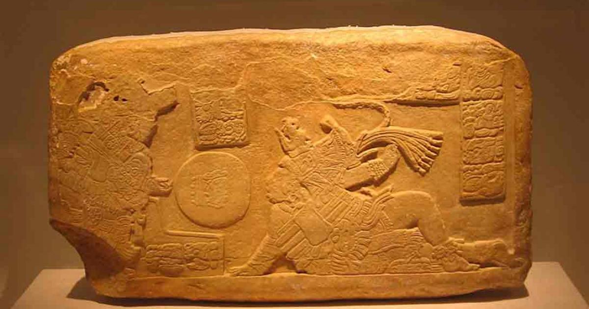 A limestone panel depicting two Maya Mesoamerican ballgame players. Usumacinta River area, Guatemala.  Source: Ada Turnbull Hertle Fund; Art Institute Chicago/CC BY 3.0