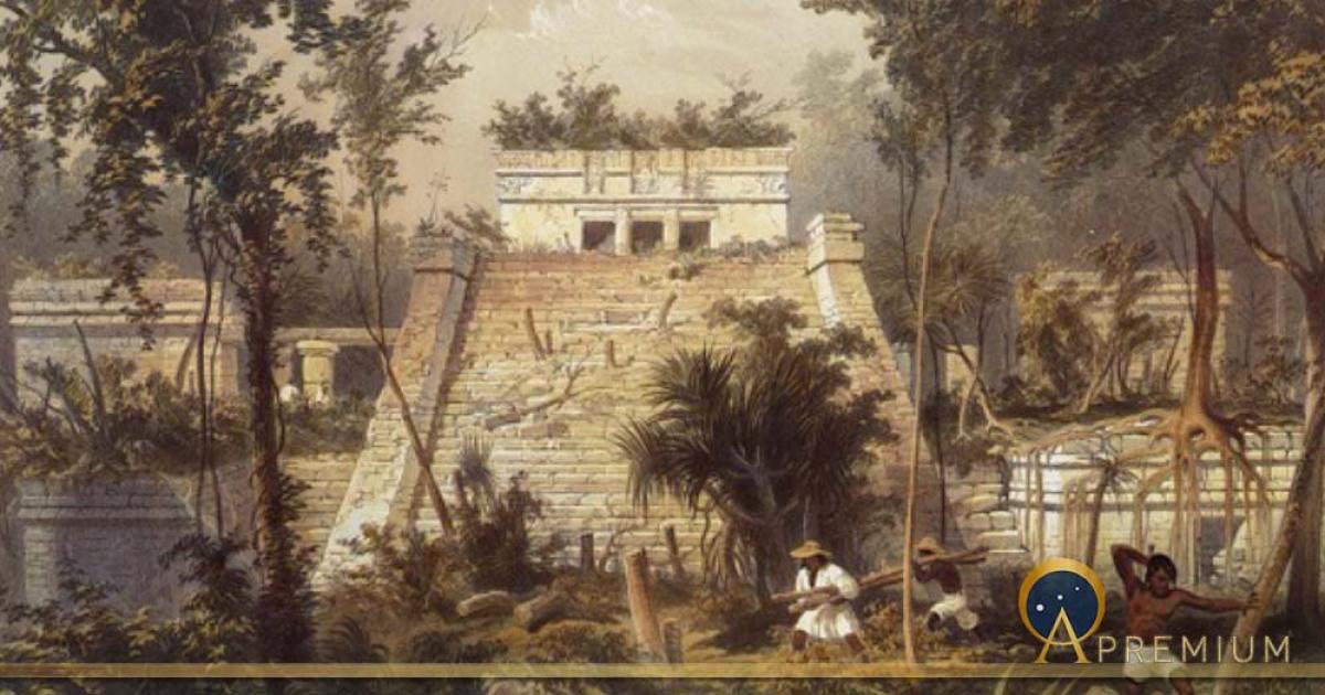 Main temple at Tulum with hieroglyphic stairway by Frederick Catherwood, from Views of Ancient Monuments (Public Domain)