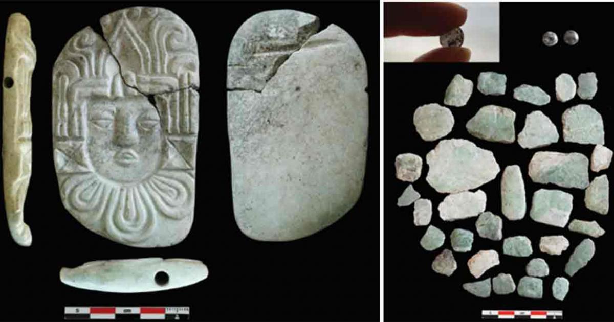 Left; Carved pendant plaque of a human head from the burial. Right; Jade Mask in fragments. Source: C. Halperin/Antiquity