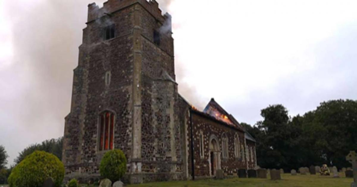 : The blaze at the medieval church in Wimbotsham. Source: Norfolk Fire & Rescue Service / Facebook.