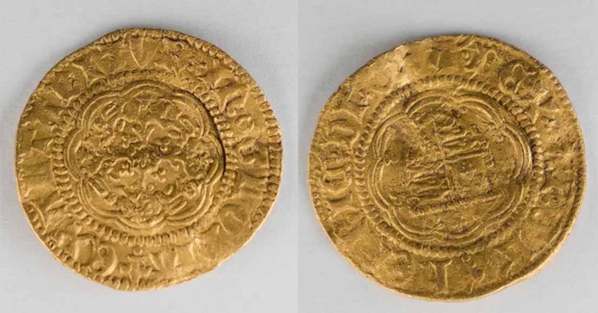 Both sides of the medieval coin found in Canada, a Henry VI quarter noble minted in London between 1422 and 1427. Source: Government of Newfoundland & Labrador