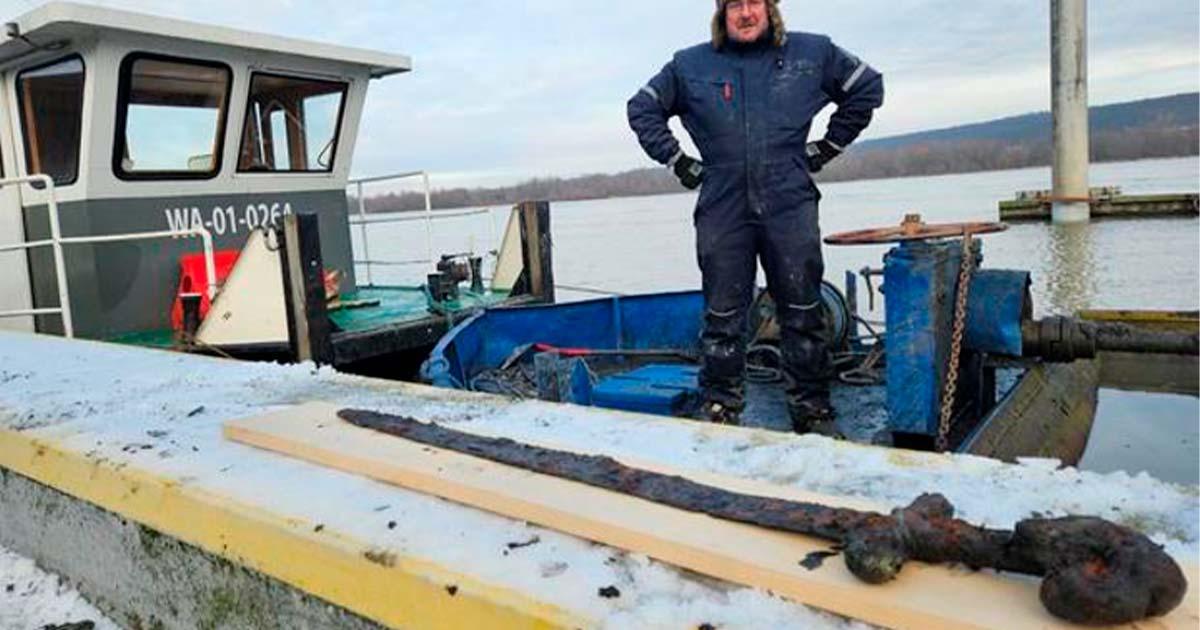 The medieval sword after it was dredged out of the Vistula River at Włocławekport, Poland.	Source: Provincial Office for the Protection of Monuments In Torun 