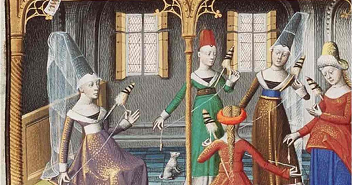 Women spinning and socializing. From Augustine’s La Cité de Dieu. Source: Museum Meermanno/The Conversation