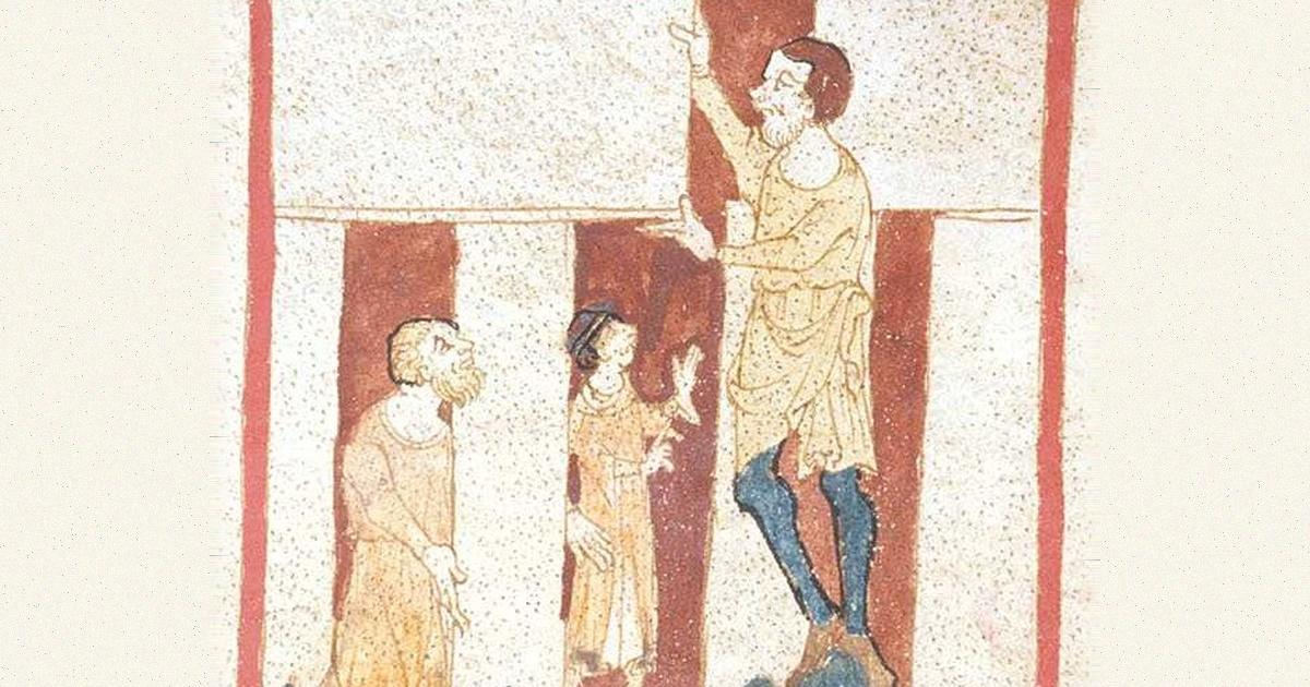Medieval manuscript painting of a giant setting a lintel on two upright stones of Stonehenge while Merlin and another figure look on