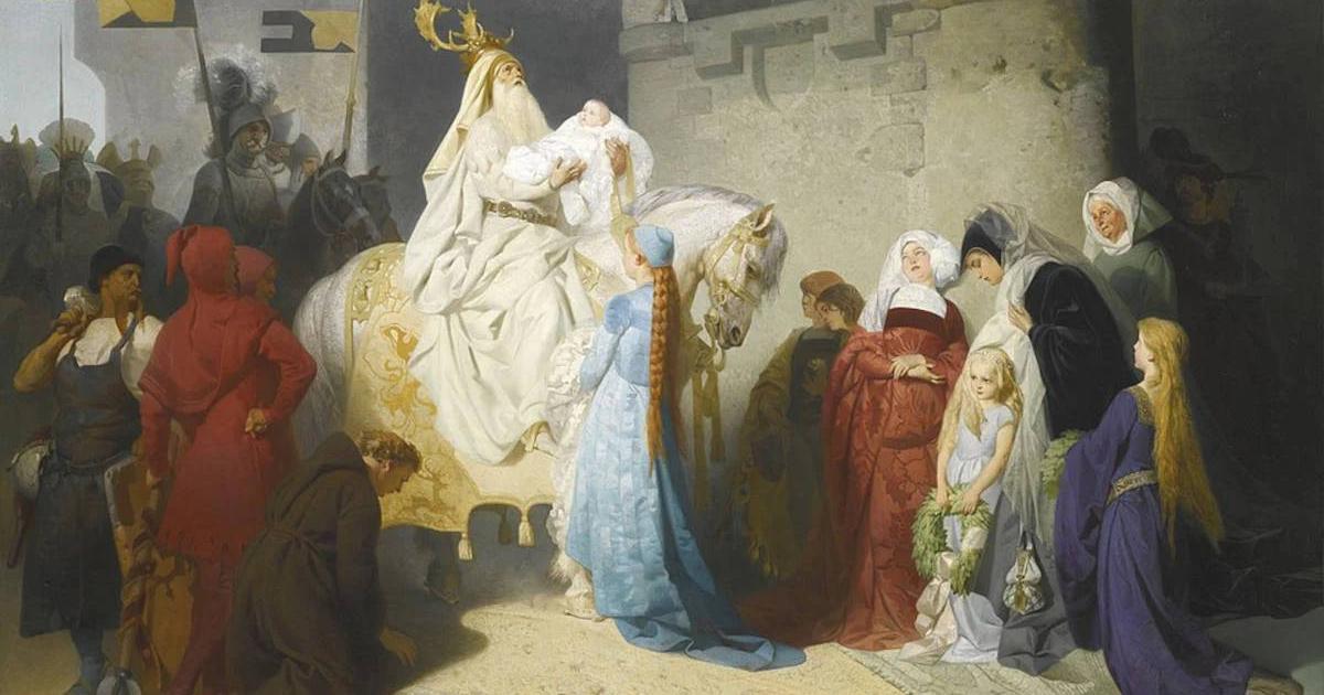 Painting by Emil Johann Lauffer (19th century). Merlin presenting the future king Arthur (while wearing a headdress that feature’s a shaman’s horns).