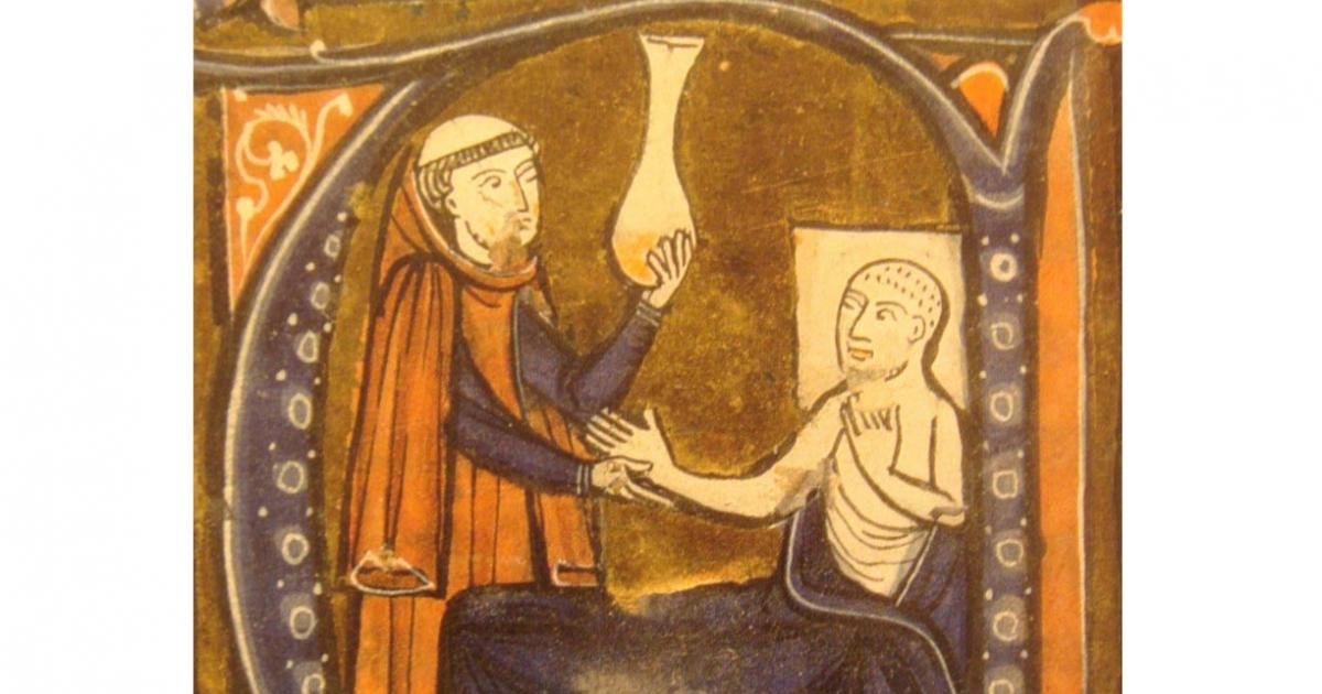 Illustration of a monk tending to a sick patient.