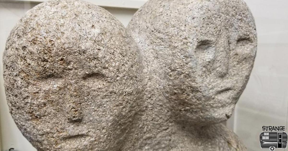 A stone statue of the mysterious moon-eyed people who may have been an ancient white race that interbred with the Native Americans long before the Europeans came to North America.		Source: Strange Carolinas