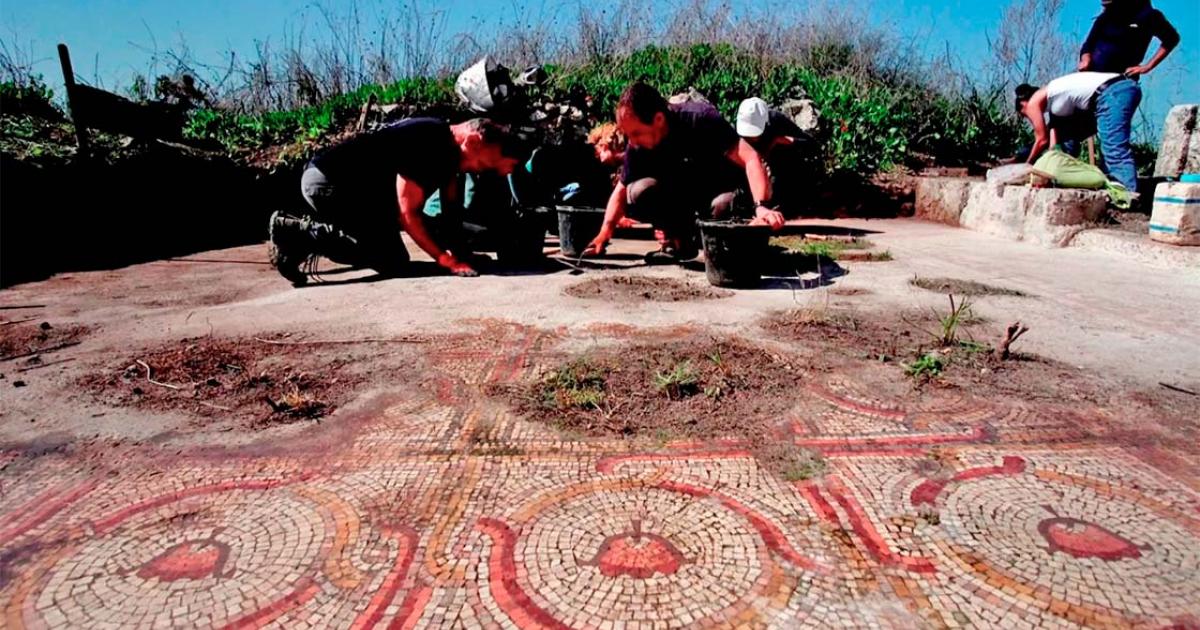 The flower mosaic at Horvat El-Bira being excavated. Source: Emil Algam/IAA