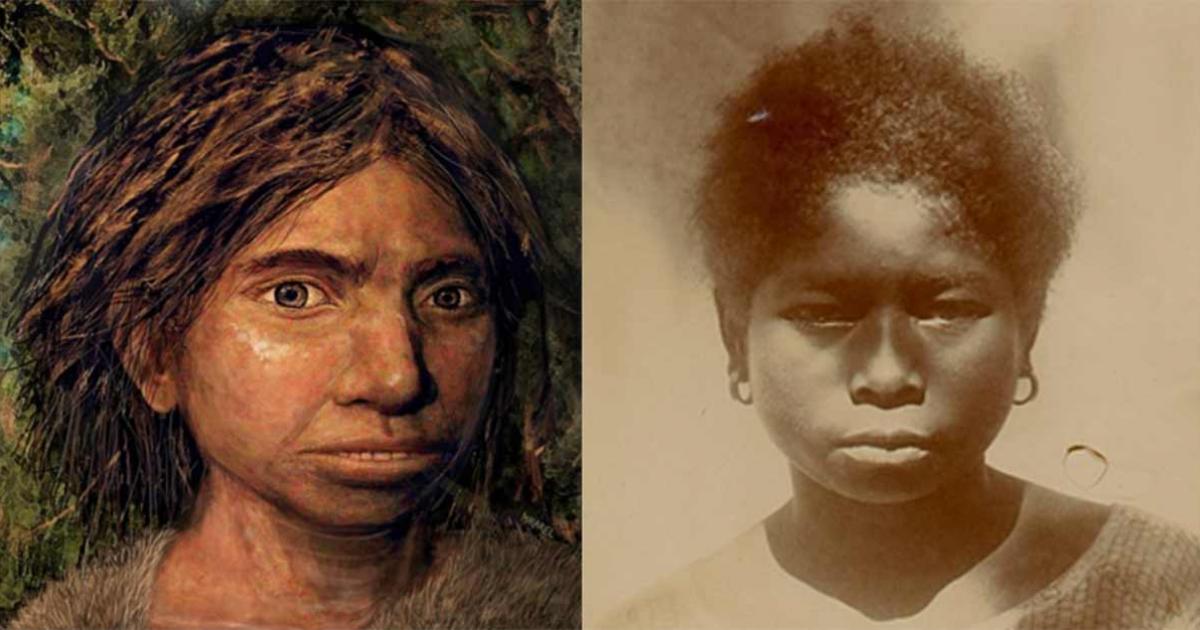 Left, award-winning reconstruction of the Denisovan face. Right, Young Aeta girl from Mariveles, Bataan, in 1901        Source: Left, © Maayan-Harel. Right, Public Domain