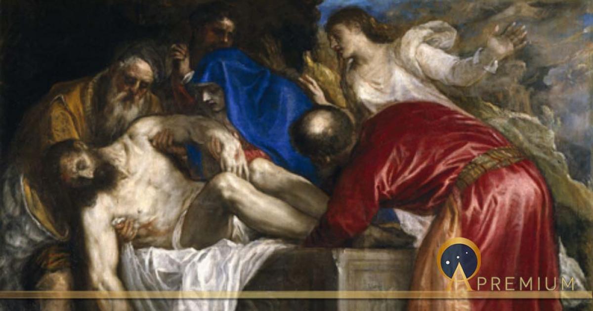 Joseph of Arimathea, Nicodemus and the Virgin Mary take Christ in the tomb watched by Mary Magdalene and Saint John the Evangelist by Titian (1559) (Public Domain)