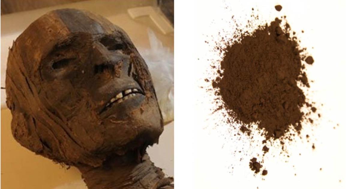 Left: An unknown Egyptian mummy.  Right: Modern equivalent of Mummy Brown pigment. Source: michal812 / Adobe Stock