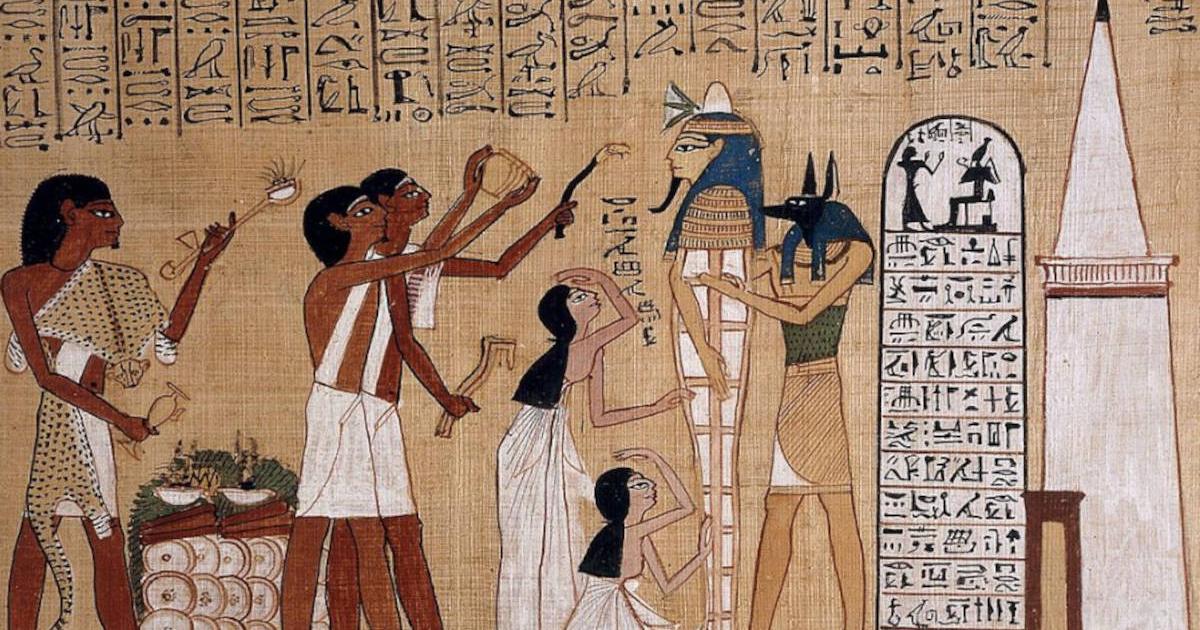The Egyptian mummification process, with the god of mummification Anubis attending to the body. Extract from the Papyrus of Hunefer, a 19th-Dynasty Book of the Dead (c. 1300 BC).