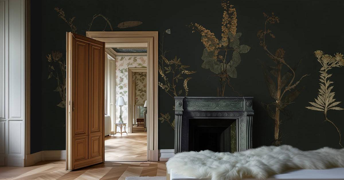  Nature-themed mural adorning a bedroom wall.