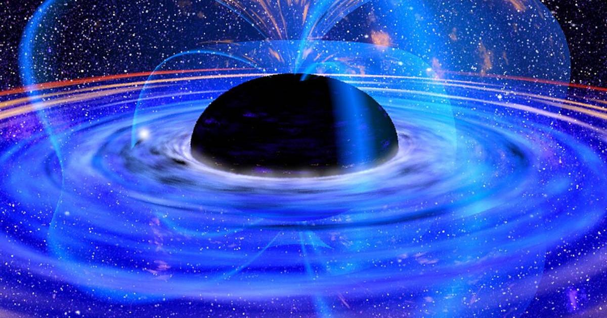 Artist’s conception of a spinning black hole, warping reality as predicted by Einstein’s theory of relativity.
