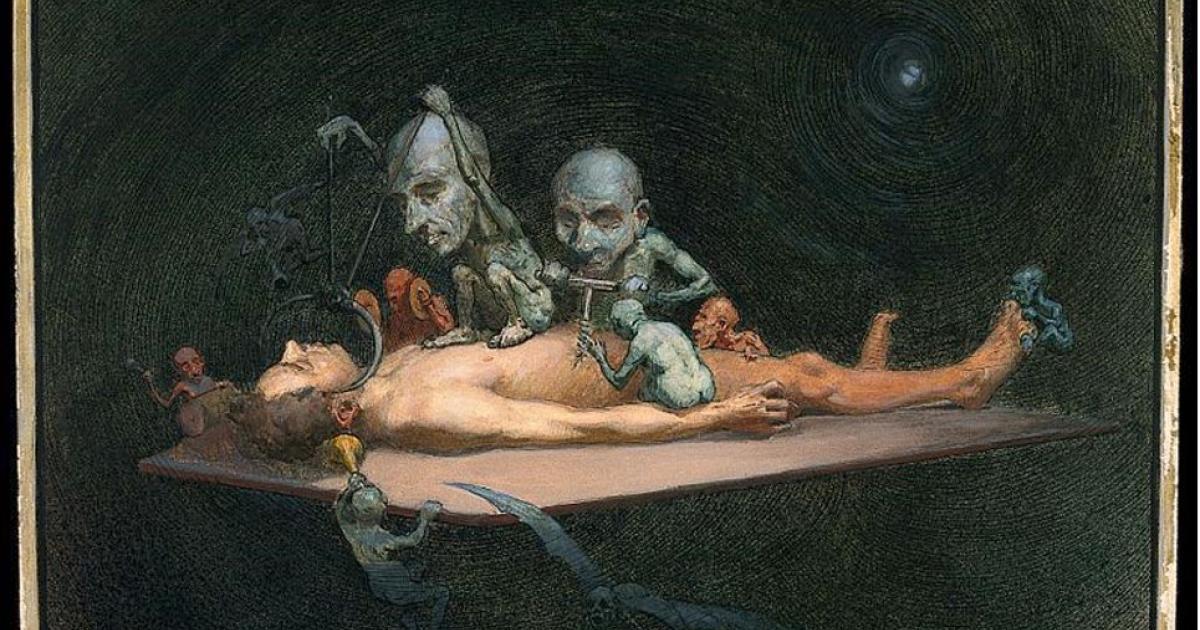 An unconscious naked man lying on a table being attacked by little demons armed with surgical instruments