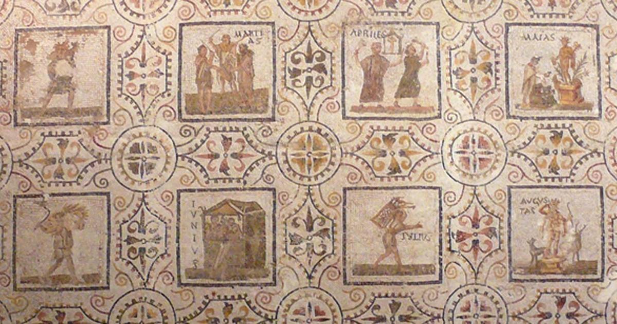 Mosaic with the months of the year, starting with the Roman first month March.