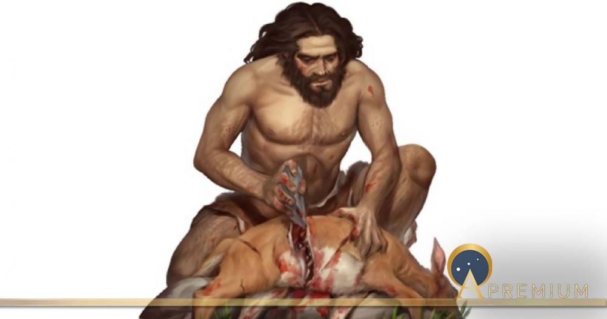 Illustration of Neanderthal Man Cut Deer with Stone Tool (Roni / Adobe Stock)
